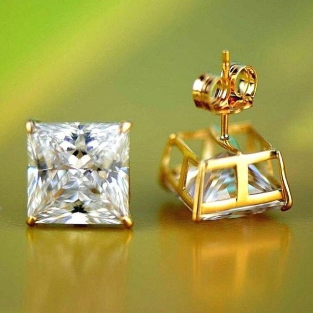 14k Yellow Gold Heavy Basket Princess Cut White Cubic Zirconia Stud Earrings 7mm